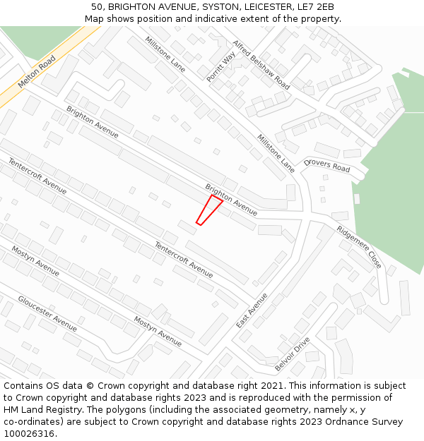 50, BRIGHTON AVENUE, SYSTON, LEICESTER, LE7 2EB: Location map and indicative extent of plot