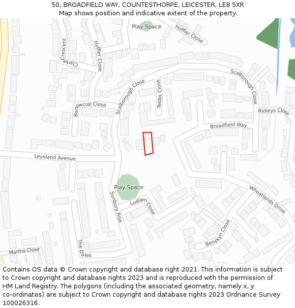 50, BROADFIELD WAY, COUNTESTHORPE, LEICESTER, LE8 5XR: Location map and indicative extent of plot