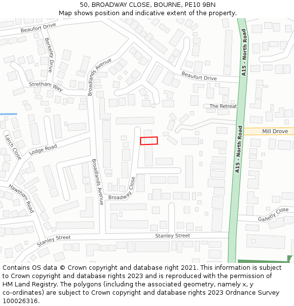 50, BROADWAY CLOSE, BOURNE, PE10 9BN: Location map and indicative extent of plot