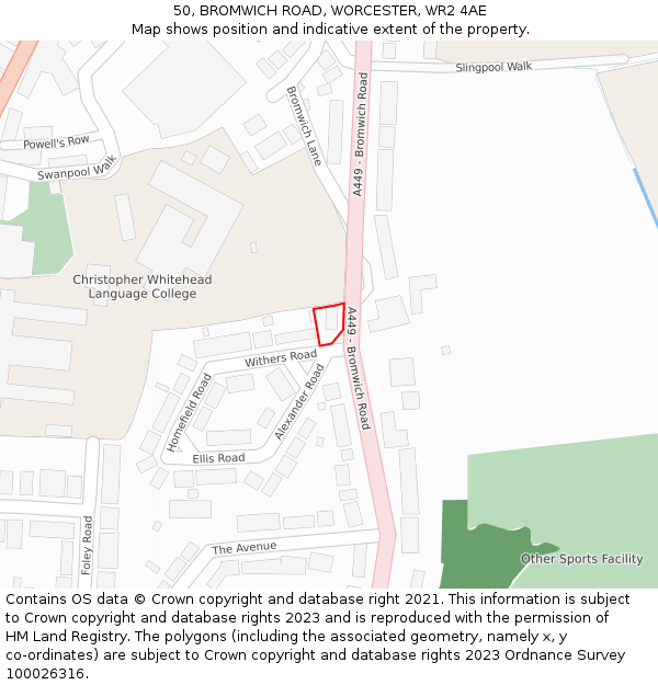 50, BROMWICH ROAD, WORCESTER, WR2 4AE: Location map and indicative extent of plot