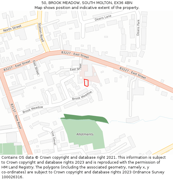 50, BROOK MEADOW, SOUTH MOLTON, EX36 4BN: Location map and indicative extent of plot