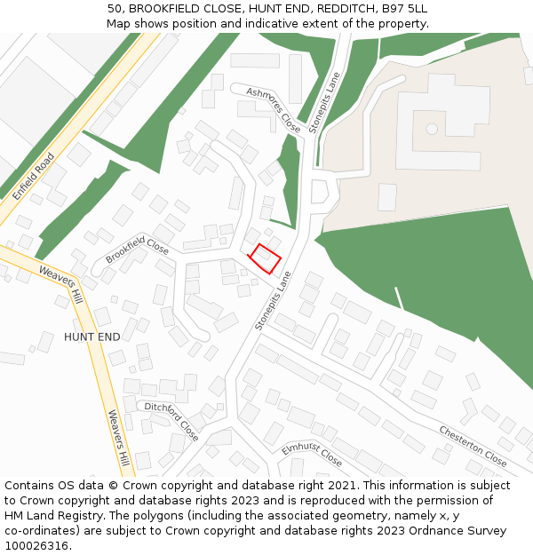 50, BROOKFIELD CLOSE, HUNT END, REDDITCH, B97 5LL: Location map and indicative extent of plot