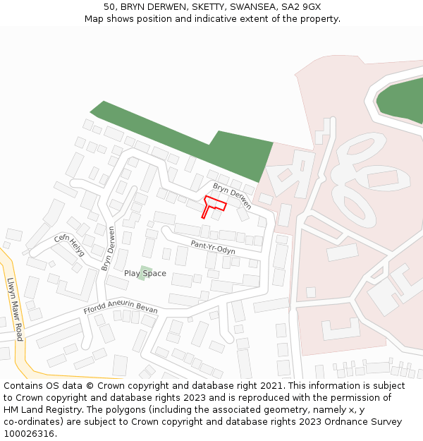 50, BRYN DERWEN, SKETTY, SWANSEA, SA2 9GX: Location map and indicative extent of plot