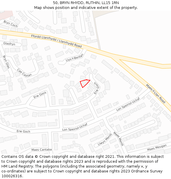 50, BRYN RHYDD, RUTHIN, LL15 1RN: Location map and indicative extent of plot
