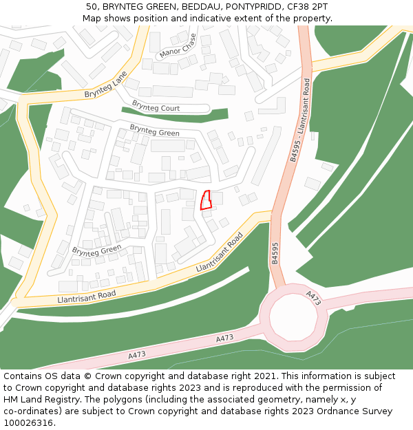 50, BRYNTEG GREEN, BEDDAU, PONTYPRIDD, CF38 2PT: Location map and indicative extent of plot