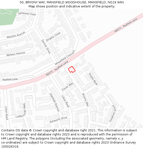 50, BRYONY WAY, MANSFIELD WOODHOUSE, MANSFIELD, NG19 9AN: Location map and indicative extent of plot