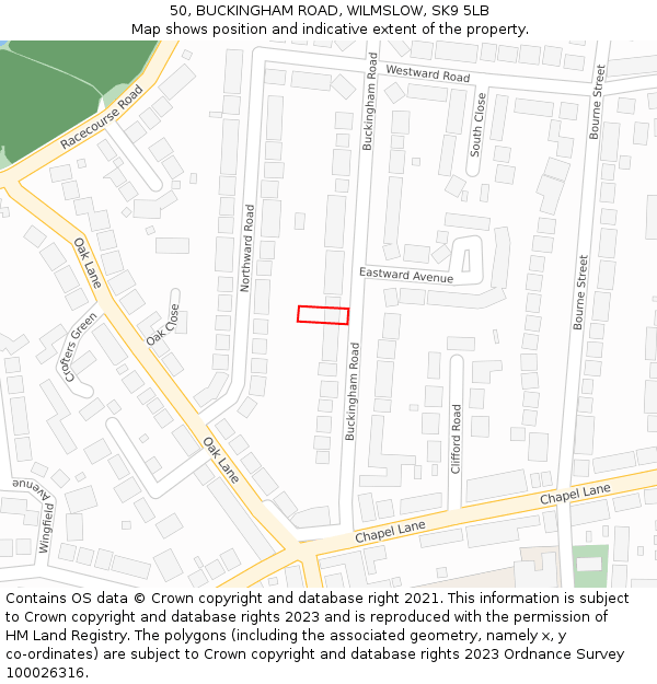 50, BUCKINGHAM ROAD, WILMSLOW, SK9 5LB: Location map and indicative extent of plot