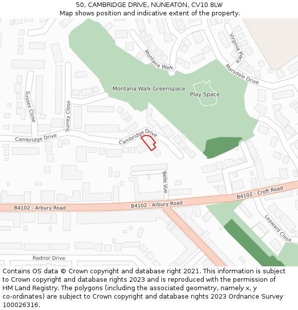 50, CAMBRIDGE DRIVE, NUNEATON, CV10 8LW: Location map and indicative extent of plot