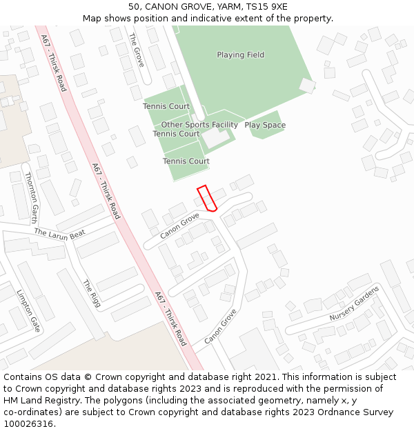 50, CANON GROVE, YARM, TS15 9XE: Location map and indicative extent of plot