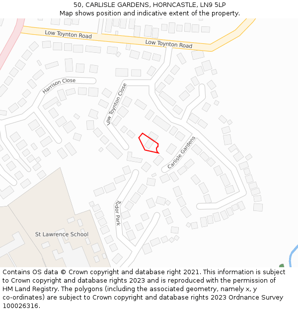 50, CARLISLE GARDENS, HORNCASTLE, LN9 5LP: Location map and indicative extent of plot