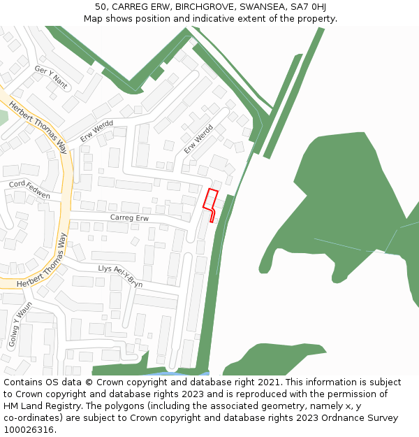 50, CARREG ERW, BIRCHGROVE, SWANSEA, SA7 0HJ: Location map and indicative extent of plot