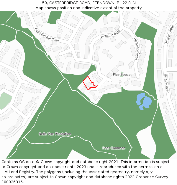 50, CASTERBRIDGE ROAD, FERNDOWN, BH22 8LN: Location map and indicative extent of plot