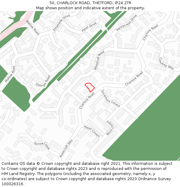 50, CHARLOCK ROAD, THETFORD, IP24 2TR: Location map and indicative extent of plot