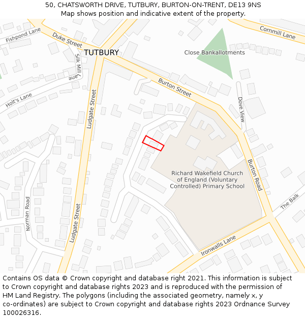 50, CHATSWORTH DRIVE, TUTBURY, BURTON-ON-TRENT, DE13 9NS: Location map and indicative extent of plot