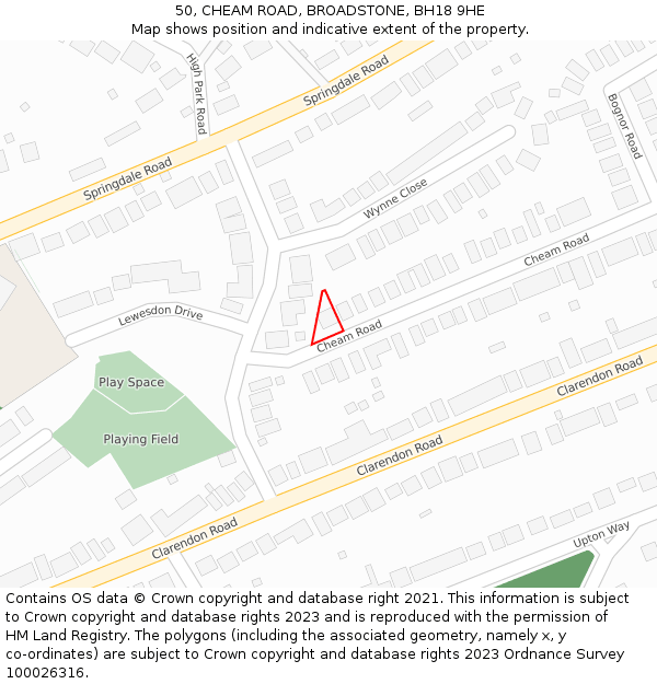 50, CHEAM ROAD, BROADSTONE, BH18 9HE: Location map and indicative extent of plot