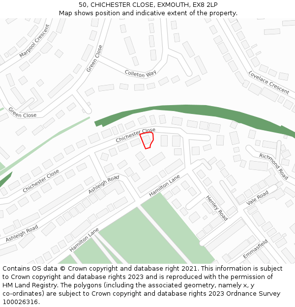 50, CHICHESTER CLOSE, EXMOUTH, EX8 2LP: Location map and indicative extent of plot