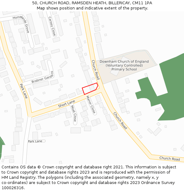 50, CHURCH ROAD, RAMSDEN HEATH, BILLERICAY, CM11 1PA: Location map and indicative extent of plot