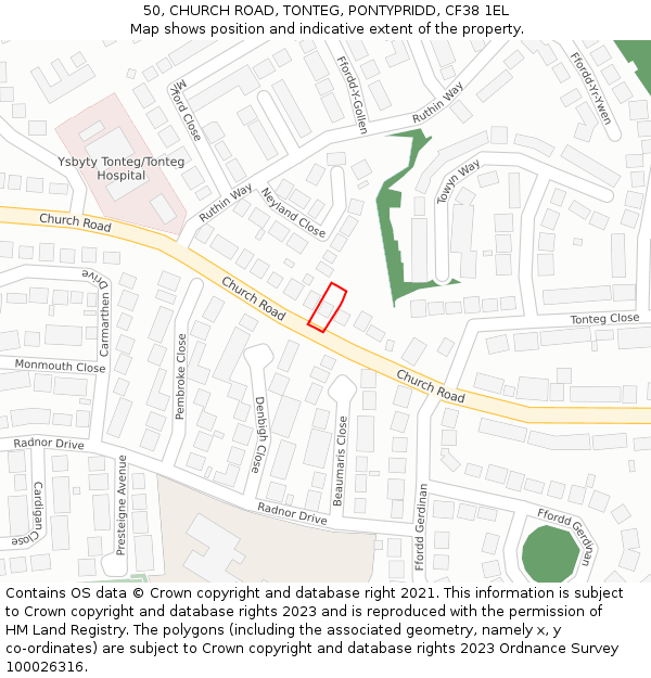 50, CHURCH ROAD, TONTEG, PONTYPRIDD, CF38 1EL: Location map and indicative extent of plot