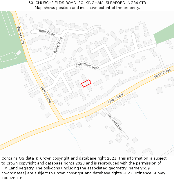 50, CHURCHFIELDS ROAD, FOLKINGHAM, SLEAFORD, NG34 0TR: Location map and indicative extent of plot