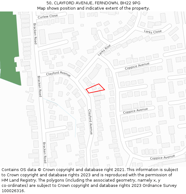 50, CLAYFORD AVENUE, FERNDOWN, BH22 9PG: Location map and indicative extent of plot