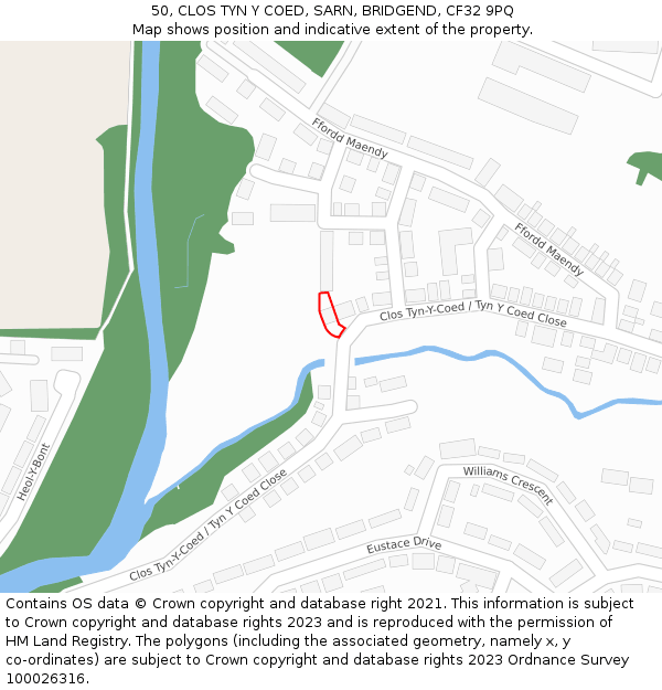 50, CLOS TYN Y COED, SARN, BRIDGEND, CF32 9PQ: Location map and indicative extent of plot