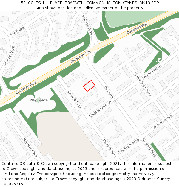 50, COLESHILL PLACE, BRADWELL COMMON, MILTON KEYNES, MK13 8DP: Location map and indicative extent of plot