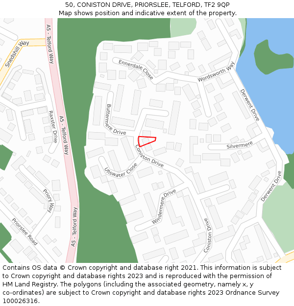 50, CONISTON DRIVE, PRIORSLEE, TELFORD, TF2 9QP: Location map and indicative extent of plot