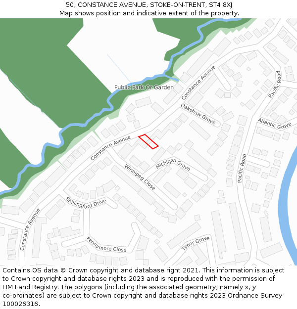 50, CONSTANCE AVENUE, STOKE-ON-TRENT, ST4 8XJ: Location map and indicative extent of plot