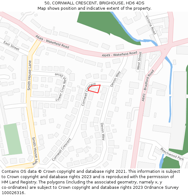 50, CORNWALL CRESCENT, BRIGHOUSE, HD6 4DS: Location map and indicative extent of plot