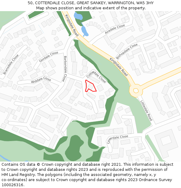 50, COTTERDALE CLOSE, GREAT SANKEY, WARRINGTON, WA5 3HY: Location map and indicative extent of plot