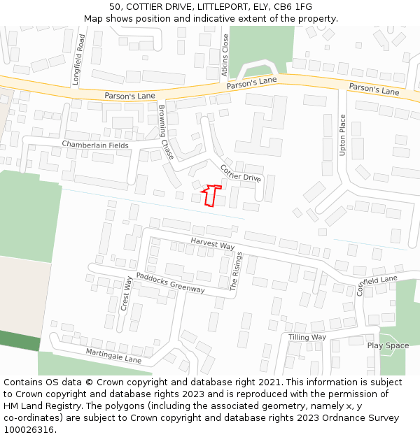 50, COTTIER DRIVE, LITTLEPORT, ELY, CB6 1FG: Location map and indicative extent of plot