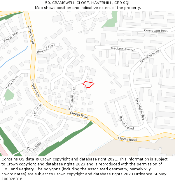 50, CRAMSWELL CLOSE, HAVERHILL, CB9 9QL: Location map and indicative extent of plot