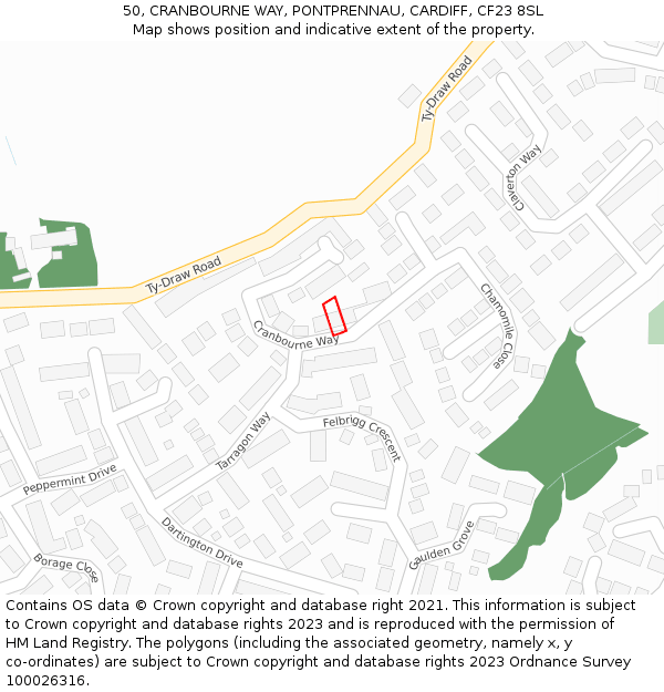 50, CRANBOURNE WAY, PONTPRENNAU, CARDIFF, CF23 8SL: Location map and indicative extent of plot