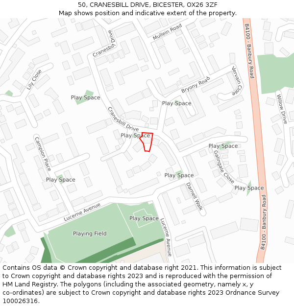 50, CRANESBILL DRIVE, BICESTER, OX26 3ZF: Location map and indicative extent of plot