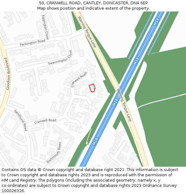 50, CRANWELL ROAD, CANTLEY, DONCASTER, DN4 6EP: Location map and indicative extent of plot