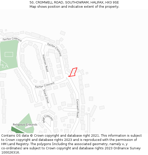 50, CROMWELL ROAD, SOUTHOWRAM, HALIFAX, HX3 9SE: Location map and indicative extent of plot