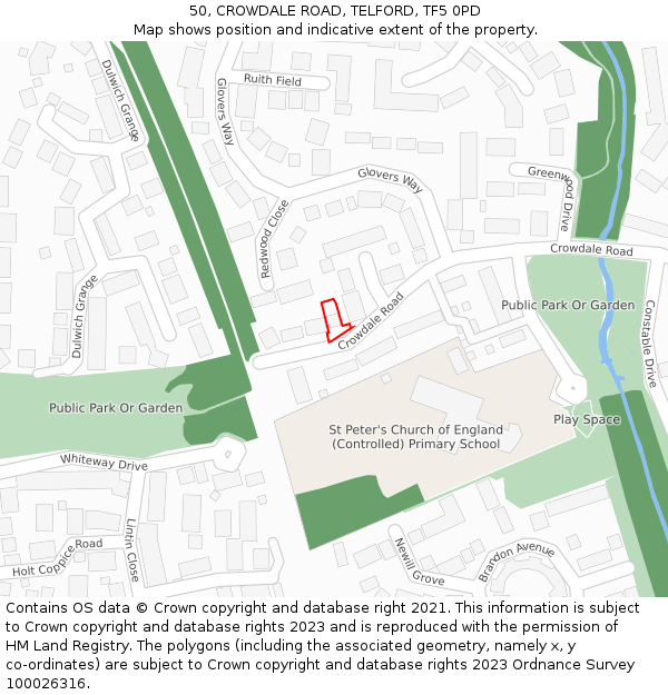 50, CROWDALE ROAD, TELFORD, TF5 0PD: Location map and indicative extent of plot