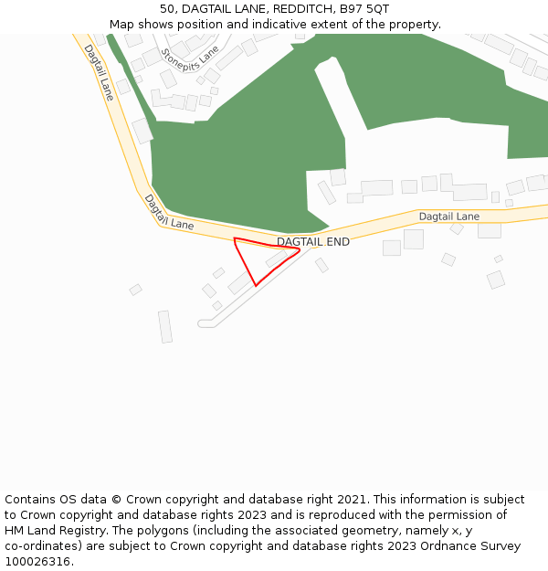 50, DAGTAIL LANE, REDDITCH, B97 5QT: Location map and indicative extent of plot