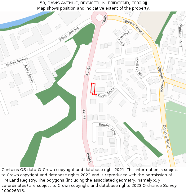 50, DAVIS AVENUE, BRYNCETHIN, BRIDGEND, CF32 9JJ: Location map and indicative extent of plot