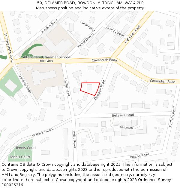 50, DELAMER ROAD, BOWDON, ALTRINCHAM, WA14 2LP: Location map and indicative extent of plot