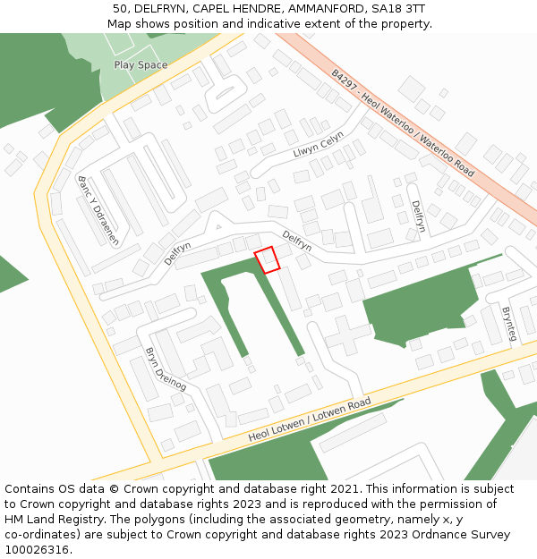 50, DELFRYN, CAPEL HENDRE, AMMANFORD, SA18 3TT: Location map and indicative extent of plot