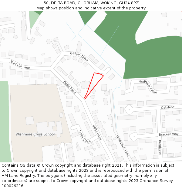 50, DELTA ROAD, CHOBHAM, WOKING, GU24 8PZ: Location map and indicative extent of plot