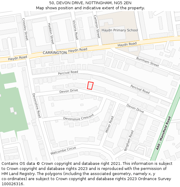 50, DEVON DRIVE, NOTTINGHAM, NG5 2EN: Location map and indicative extent of plot