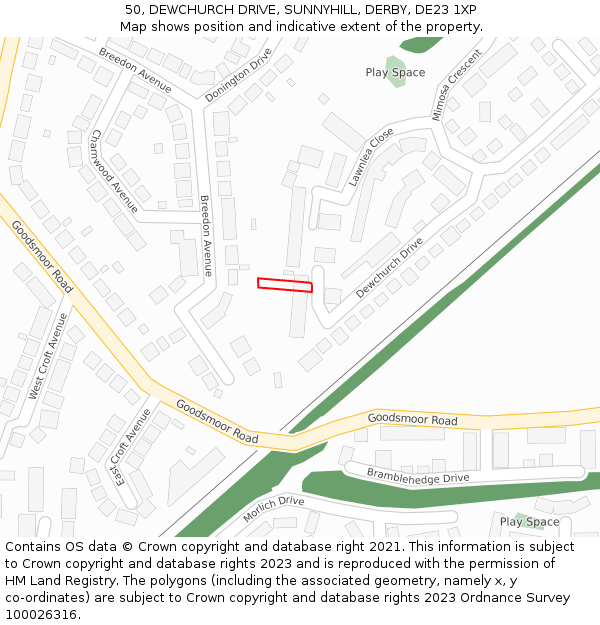 50, DEWCHURCH DRIVE, SUNNYHILL, DERBY, DE23 1XP: Location map and indicative extent of plot