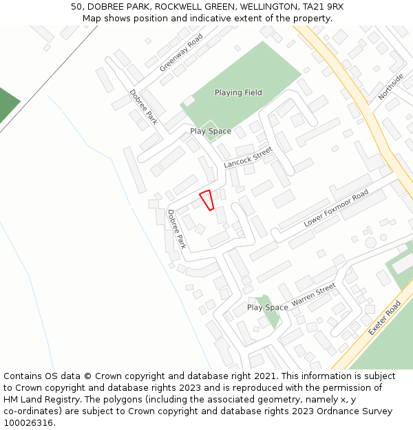 50, DOBREE PARK, ROCKWELL GREEN, WELLINGTON, TA21 9RX: Location map and indicative extent of plot