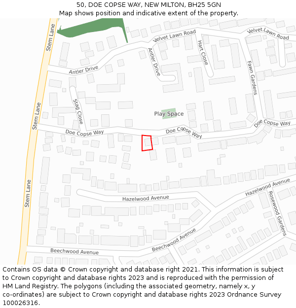 50, DOE COPSE WAY, NEW MILTON, BH25 5GN: Location map and indicative extent of plot