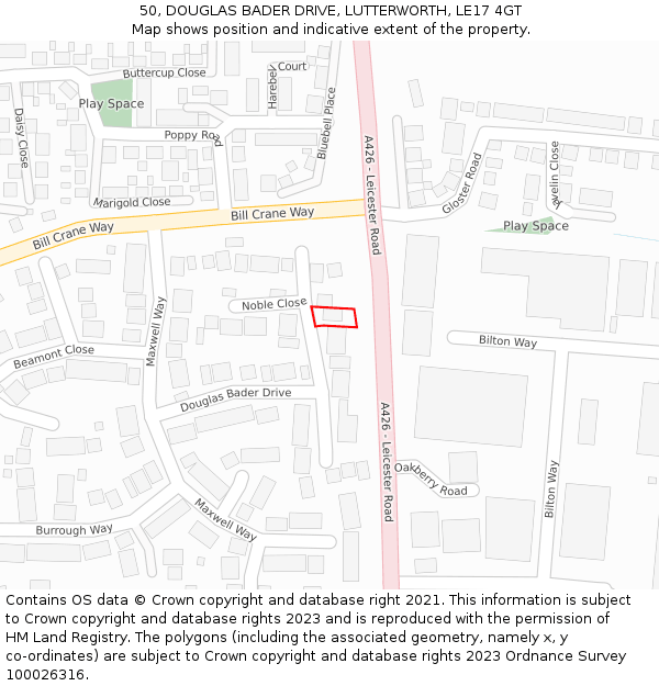 50, DOUGLAS BADER DRIVE, LUTTERWORTH, LE17 4GT: Location map and indicative extent of plot