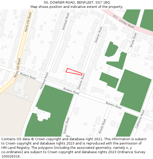 50, DOWNER ROAD, BENFLEET, SS7 1BQ: Location map and indicative extent of plot