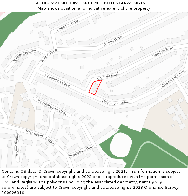 50, DRUMMOND DRIVE, NUTHALL, NOTTINGHAM, NG16 1BL: Location map and indicative extent of plot