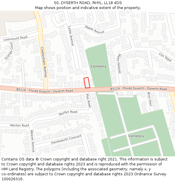 50, DYSERTH ROAD, RHYL, LL18 4DS: Location map and indicative extent of plot